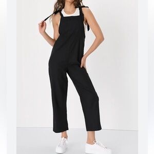 Lulus Tie Strap Beachy Linen Blend Straight Leg Preppy Black Overalls Jumpsuit L